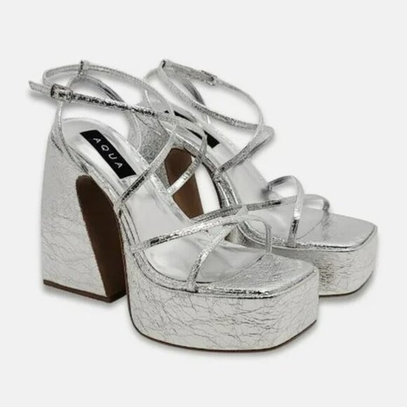 Aqua Chance Strappy Open Toe Platform Block Heels Silver Size 8 (MSRP $118) - Picture 1 of 9